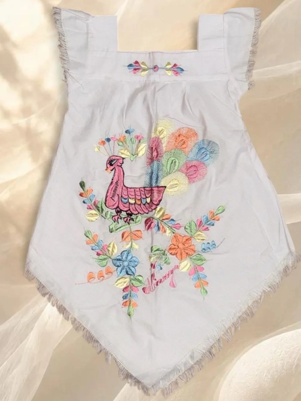 Artisanal Nicaragua Traditional White Handkerchief Fringe Dress 2T 3T